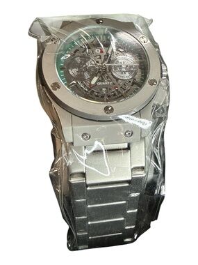 Silver Men’s Quartz Skeleton Dial Watch